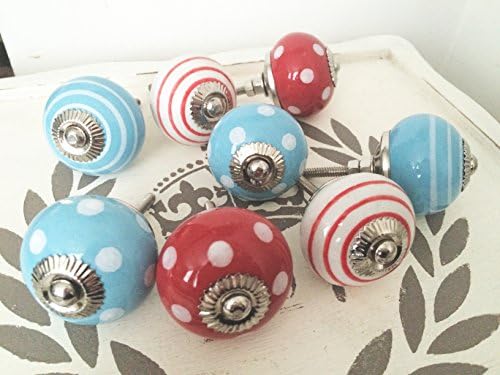 Set of SIX red/white/blue (you choose mixed or one colour!) polka dot spot/stripe ceramic KNOB handle pull for furniture (drawers, cupboard doors etc) exclusively sold by Vintage Pink (TM)