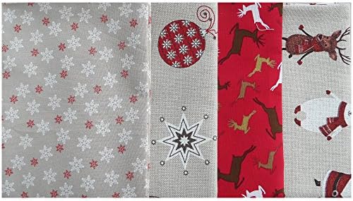 Christmas Fabric Cotton Craft Fat Quarter Bundle - Reindeer, Snowflake, Santa &amp; Baubles Design