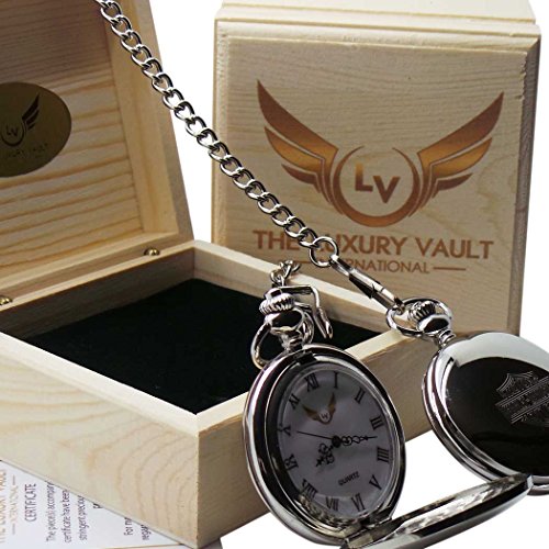 Harley Davidson Logo Silver Pocket Watch Full Hunter Case in Luxury Wooden Gift Box