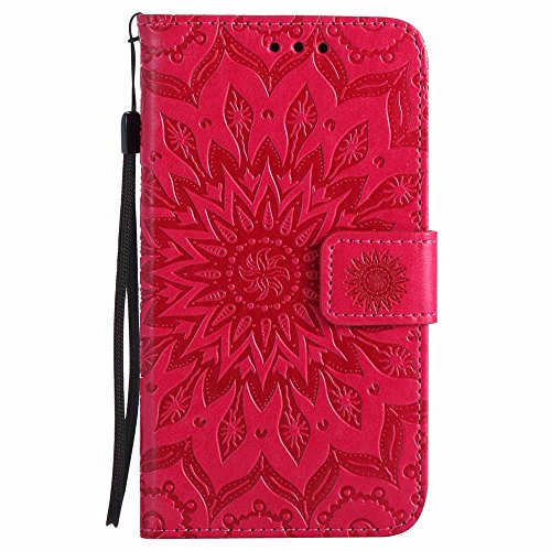 Galaxy S5 Hülle, Galaxy S5 Neo Hülle, Dfly Premium Slim PU Leder Mandala Blume prägung Muster Flip Hülle Bookstyle Stand Slot Schutzhülle Tasche Wallet Case für Samsung Galaxy S5 / S5 Neo, Rot