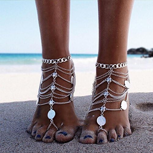 GYJUN One piece Fashion Coin Pendant Silver Ankle Bracelet Chain Vintage Foot Chain Sandals Anklet For Women , one size
