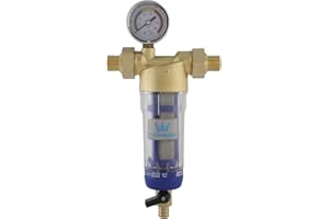 TOPWAY Préfiltre à eau Lavable et réutilisable Filtre à eau pour sédiments Robinet Purificateur d'eau Préfiltre à osmose Acier inoxydable 60 microns, avec manomètre 150203