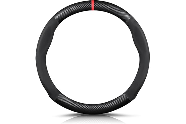 Ergocar Forme Ronde Fibre de Carbone & Microfibre PU Cuir Couvre Volant Antidérapant Couvre Volant Voiture Respirant Sport Housse Volant Voiture pour Diamètre 38cm(15")-Noir Rouge