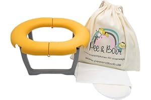 Pee & Bob Dein Töpfchen für unterwegs | Klein & Leicht, Haltbar und Stabil und Made in Germany | Mit Kindern immer und überall eine saubere Toilette, inkl. 5 Einwegtüten (Mango)