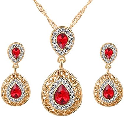 Hmeng Crystals Bridal Flower Hollow Tear Drop Earring Necklace Wedding Party Jewelry Sets (Red)
