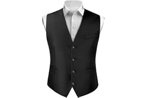 BSBUY Gilet da Abito da Uomo Nero, Classico Gilet Formale da Uomo, Elegante Gilet da Uomo Senza Maniche con Scollo a V, Business Suit Vest per Festa Sposa con Tasche, Gilet Set Cravatta e Fazzoletto