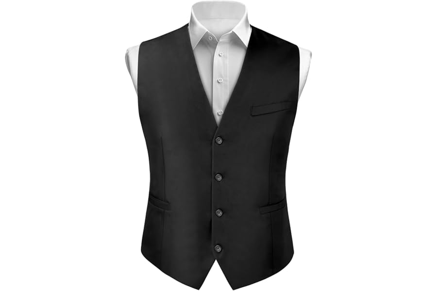 BSBUY Men's Black Waistcoat, Wedding Party Fit Vest Suit, V-Neck Suit Vest Button-up for Waiters Bar Staff