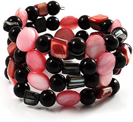 Avalaya Acrylic &amp; Shell Bead Coil Flex Bangle Bracelet (Black &amp; Pink)