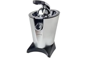 BEHOME Exprimidor eléctrico profesional de 2 litros | Exprimidor de barra de palanca con brazo y boquilla | 2 conos de acero inoxidable para naranja y limón y filtro interior, negro y plateado