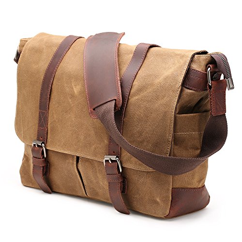 Messenger Bag H-ANDYBAG Waxed Canvas Herren Umh  ngetasche Passt 15 Zoll Laptop  Khaki 