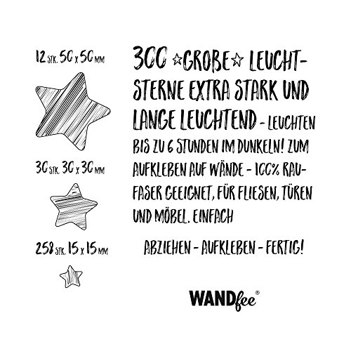 WANDfee® Leuchtsticker 300 ☆große☆ Leuchtsterne EXTRA STARK und lange leuchtend selbstklebende Sternenhimmel nachleuchtend viele leucht Sterne Klebesterne leuchten im dunkeln Schlafzimmer Kinderzimmer Babyzimmer Wandtattoo fluoreszierend Wandaufkleber Wandsticker moderne Dekoration Deko Aufkleber Wanddeko - 2
