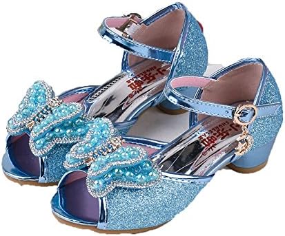 Kid's Little Girls Princess Shoes Glitter Party Dress Dance Sandals Buckle Strap High Heels (Label 36/2 UK, Blue)
