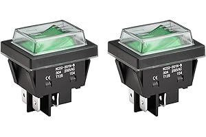 Heschen High Current Rocker Switch, 30A 250VAC, ON-OFF 2 Position, DPST, 4 Terminals, Green Light, T125, with Waterproof Cover (2, Green)