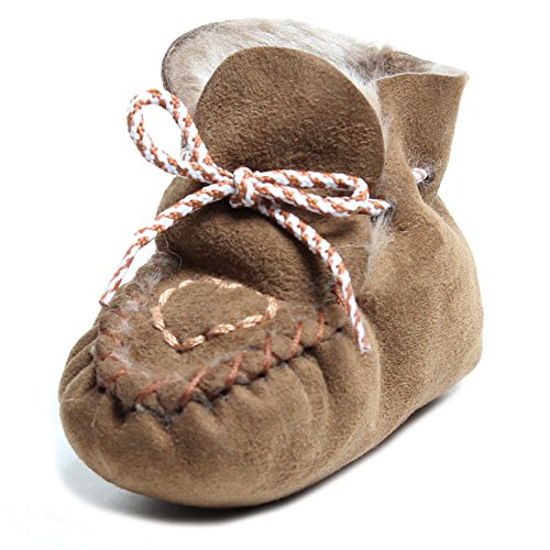 Brubaker Baby Sheepskin Moccasins Love Heart Embroidery - Fur Lined - Brown UK Size 5 (12 to 18 months)