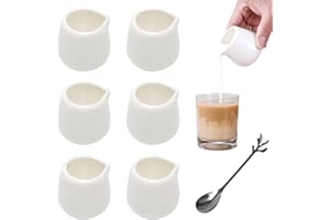 MAIXINNEW Lot de 6 Mini Pot à Lait en Porcelaine Blanc 50 ml, Pichet Céramique Lait, Petits Pots à Sauce Blancs avec Cuillère pour Lait, Café, Sauce, Crème, Pichet et Serveur de Sirop