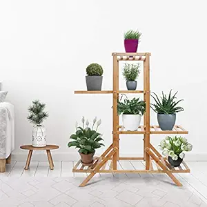 Livzing Multipurpose 4 Tier Bamboo Wooden Shelf Rack Display Plant Stand Holder - Flower Pot Bookshelf Indoor Outdoor Balcony Garden Storage Organizer - 85.5cm x 32cm x 89cm