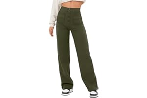 BUKKNYE Women's Casual Straight Leg Pants High Waisted Flat Front Button Down Stretch Chino Fashion Boyfriend Cargo Work Pants