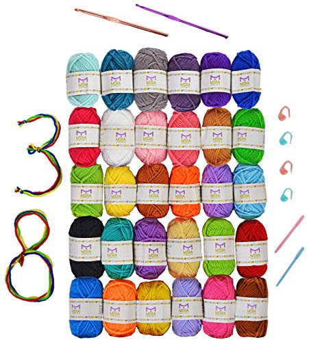30 Hilos Acrílicos - Hilo DK para Crochet y Tejido de Punto - 2 Ganchillos, 2 Agujas de Plástico, 4 Marcadores de Puntada - Hilo Perfecto para Manualidades