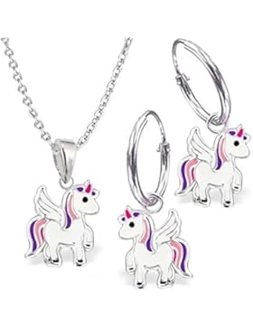 GH1a kl. Pegasus Einhorn SET ANHÄNGER + KETTE + CREOLEN 925 Sterling Silber Pferde