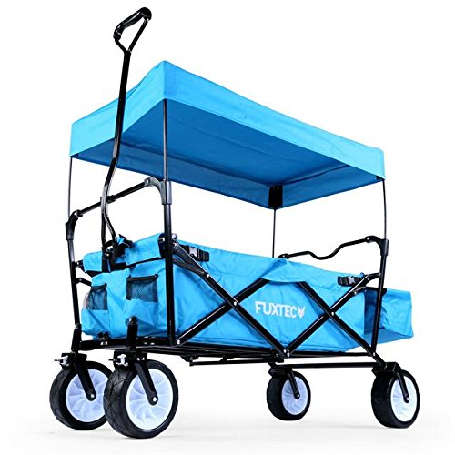 FUXTEC Bollerwagen BW-100 Türkis Blau mit Bremse, Breitreifen, Dach, Hecktasche - 2