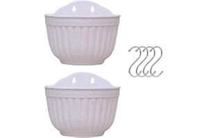 BULZEU Set of 2 Pcs Hanging Planters Outdoor Hanging Basket Plastic Flower Pot Plants Holder Hanger for Balcony Fence Wall Mounted Planters Hanging Fence Planters with Drainage and 4 Hooks