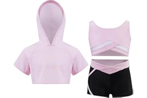 YEAHDOR 3-Set Abbigliamento Sportivo Bambina Felpa Manica Corta Crop Top Canottiera Pantaloncini Sportivi Leggins Corti Completo Palestra Fitness Allenamento