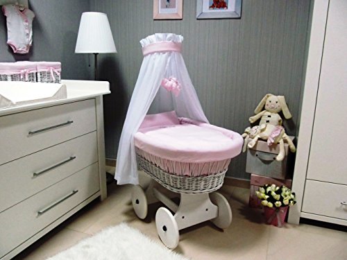 10 pcs Set - wicker crib moses basket bassinet including complete furnishings, Modell:rosa - big wheels