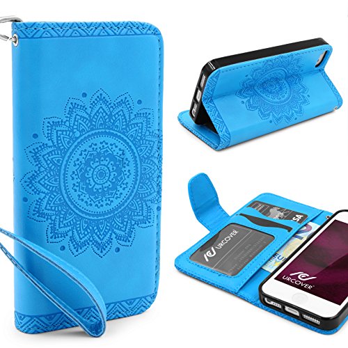 URCOVER® Mandala Pattern Case Wallet | Apple iPhone SE / 5 / 5s | Flip Cover Simil cuir in Bleu | Peau Coque Portefeuille Clapet Stand Rabat Élegant Étui Protection Portable