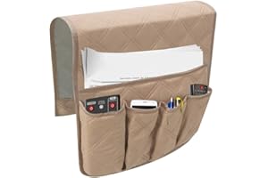ausuky Organizador de reposabrazos grande con cinco bolsillos, para colgar en el sofá, bolsa de almacenamiento para control remoto de TV, color beige