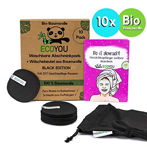 EcoYou® Abschminkpads Waschbar 100% BIO-Baumwolle in Schwarz 10er Set Inkl. DIY-Rezepte & Wäschenetz aus Baumwolle ? Wattepads Wiederverwendbar ? Plastikfreie Verpackung - Zero Waste