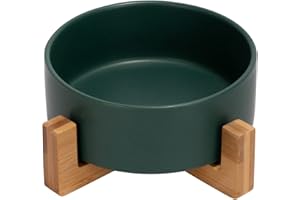 SPUNKYJUNKY Keramik Futternapf mit Bambus Ständer für Katzen und kleine Hunde (400ml, Grün-Einzel)