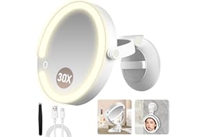MOMOKUBA Vergrößerungsspiegel mit Saugnapf 30 Fache, Doppelseitiger Kosmetikspiegel mit Beleuchtung, EIN Badezimmerspiegel mit 3 Beleuchtungsmodi Eignet Sich, Schminkspiegel für Zimmer und Badezimmer