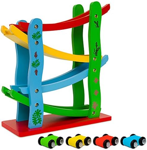 LittleTom Wooden Race Track + 4 cars 4 zig-zag ramps Four-storey marble run Racing Game Set