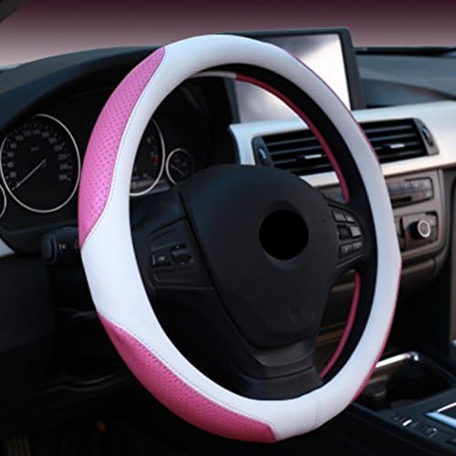 YINGMAN Stylish Color-Blocking Universal Car Auto Woman's Steering Wheel Cover Microfiber Leather 15 inch (White + Deep Pink)