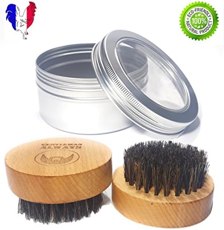 High Quality GENTLEMAN ALWAYS Boar Bristle Beard Brush with 100 % Genuine Boar Bristles - Ergonomic Round Beard Brush with Wooden Handle and Aluminum Case - Ideal Gift for Men - Beard Grooming Set