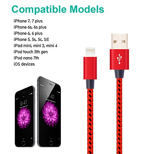 Elebar Lightning Cable 3Pack 1m 2m 3m Extra Long Nylon Braided Apple iPhone Charger Cable Charging Lead Cord USB Wire for iPhone 7/7 Plus/6S Plus/6 Plus/5/5S/5C/SE,iPad Pro/Air/mini, iPod-Red & Black - 6