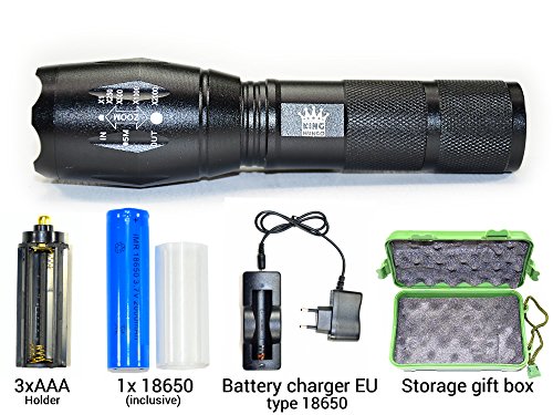 Profihafte LED Taschenlampe starke 1000 Lumen taktische T6 LED - Zoom Funktion - Insgesamt Batterie-Set - Super Hell - Große te Lichtbündel – Schone Geschenkverpackung - Stoßfest - King Mungo - KM-L12