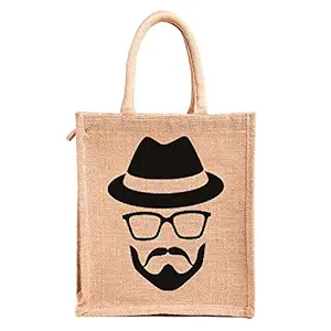 H&B Unisex Hipster-the Handsome Hunk Multipurpose Waterproof Jute Lunch Bag with Zip (Beige, 11x9x6-inch)