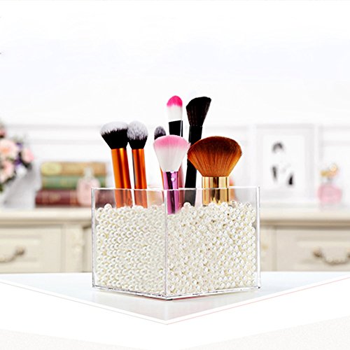 Organizer Kosmetik Pinsel Kosmetikorganiser Klar Acryl Makeup Pinsel Aufbewahrungs Makeup Bürstenhalter mit Perlen MeetYours (Kasten + Pink Perle) - 6