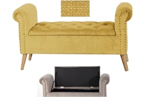 VEA SRL Panca contenitore camera da letto IMPERO in Tessuto Senape, 112x40x62 cm Panca ingresso con gambe in legno, Panca fondo Letto, salotto e sala da pranzo, Panchina imbottita (TIA 56445)