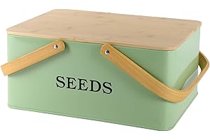 Xbopetda Seed Box, Seed Storage Container with Wooden Lid, Metal Storage Box Garden Seed Tin with Handles, 4 Compartments Seed Storage Box Organiser, Seed Packets Container, Gardening Gifts (Green)
