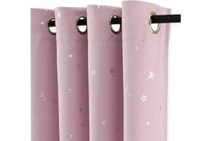 PONY DANCE Nursery Pink Blackout Curtains for Bedroom - Noise Reducing Thermal Insulated Ring Top Short Foil Printed Curtains with Eyelet for Boys Girls, 46 x 54 Drop Inch, 2 Panels