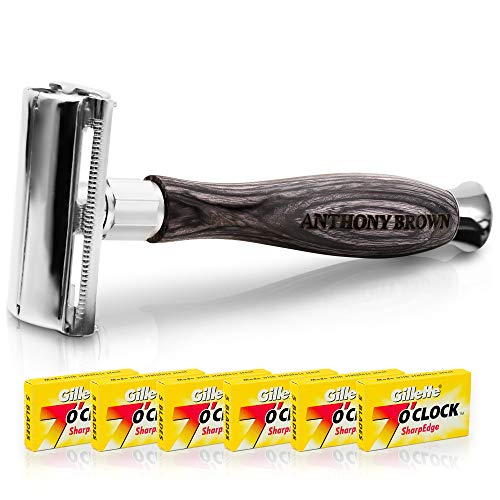 NEU: Anthony Brown® Rasierhobel Damen & Herren - [inkl. 30 Klingen] - plastikfreier Nassrasierer mit langem Holzgriff & Butterfly