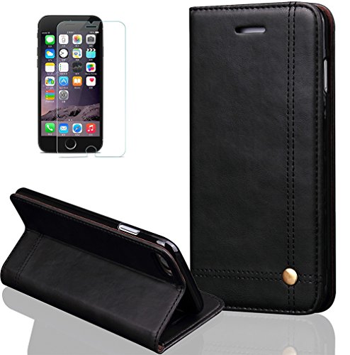 Preisvergleich Produktbild Apple iphone 6 plus / 6s plus Neu Design Hülle mit Panzerglas,ISENPENK Crazy Horse Pattern Outdoor PU Retro Leder Tasche,Wasserdicht Shockproof Anti Slip Protection Stoßfest Leather Case mit Standfunktion,Original Bookstyle Cover Multifunktions Wallet Flip Case mit Intern Karte Schlitz,Stoßdämpfend Smart Case Wallet Tasche Schutzhülle Leathertasche für Apple iphone 6 plus / 6s plus 5.5Zoll[schwarz#2]+Panzerglas / Schutzfoile / Scutzglas