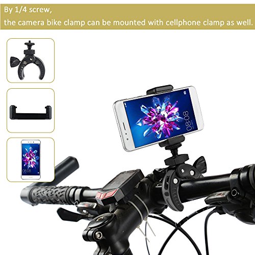 UTEBIT DSLR Camera Clamp Max Load 2.5Kg + Cellphone Tripod Adapter Set 5.4-10.2cm Smartphone Tripod Mount for 4-6.8 Inch Phone 17-35mm Bicycle Handlebar Mount for Pipe, Bike Motorcycle Handbar