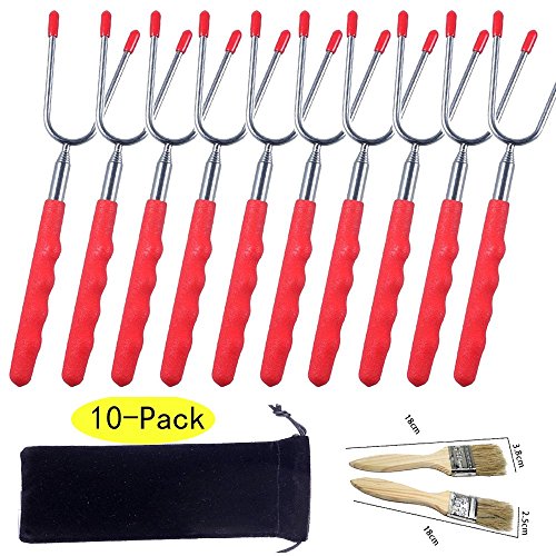 10 Stück Marshmallow Bratstäbchen Teleskopiert auf 85cm Packung aus 10 Edelstahl Rotierende Smores Spieße Anti Skid Griff für Barbecue Spieße, BBQ, Camping, Hotdog Forks | Bonus: Aufbewahrungstasche, BBQ Pinsel