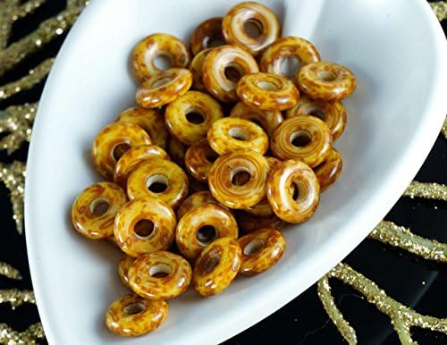 Picasso Brown Travertine Czech Glass Flat Ring Beads O Shaped Large Hole Donut 8mm 20pcs