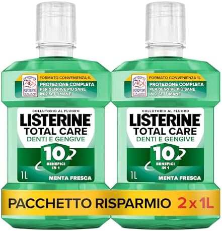 LISTERINE Total Care Denti e Gengive, Collutorio al gusto di Menta Fresca, Collutorio al Fluoro con 10 benefici in 1 per una protezione completa, Confezione da 2x1L – Esclusiva Amazon