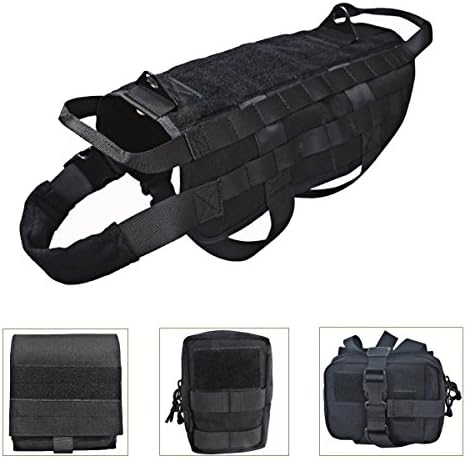 Outdoor 1000D Nylon Dog Training Molle Vest Hunting Combat Harness Durable Adjustable Dog Multifunction Vest With 3 Aid Pouches (Black)