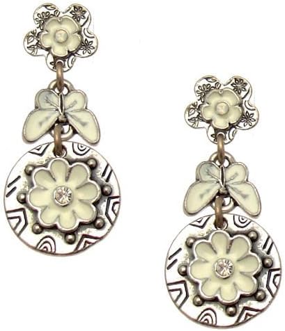 Acosta - White Enamel &amp; Crystal - Vintage Style Floral Butterfly Earrings